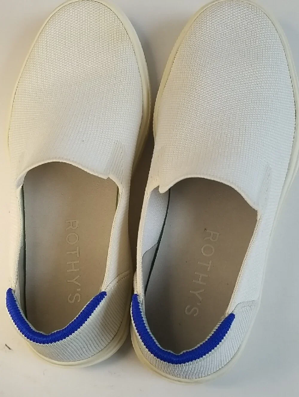 Rothy's White Slip-On Knit Loafers with Blue Heel Tab For Women and Men